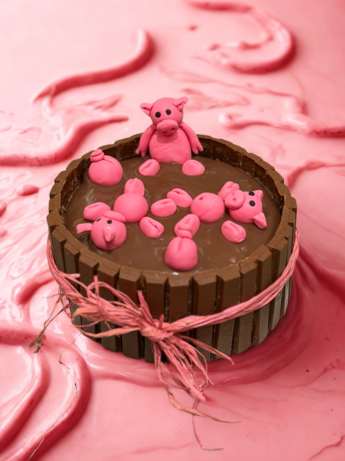 A chocolate cake with modelled pink pigs sitting in it.